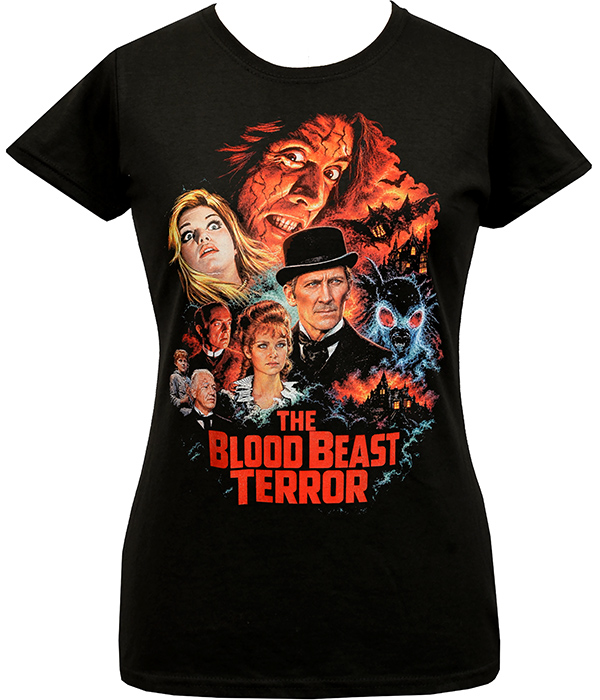 Black fitted women’s The Blood Beast Terror T-shirt with colourful vintage horror poster artwork, character portraits, moth monster and red title text.