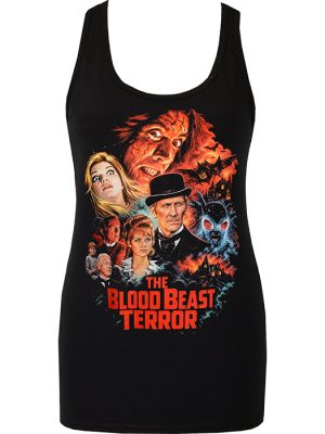 Black women’s fitted The Blood Beast Terror tank top with colourful horror poster artwork, gothic characters, moth monster and bold red title lettering.