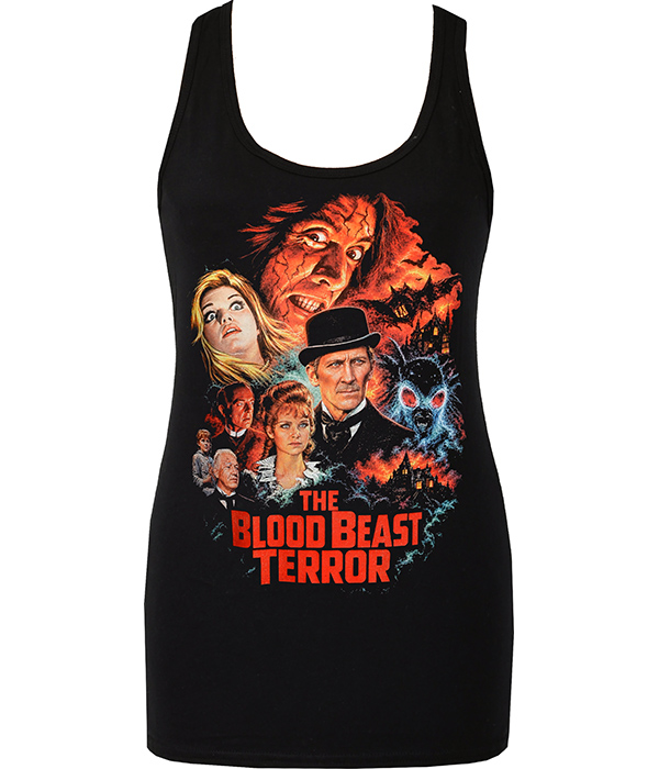Black women’s fitted The Blood Beast Terror tank top with colourful horror poster artwork, gothic characters, moth monster and bold red title lettering.