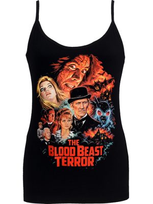 Black women’s The Blood Beast Terror spaghetti strap top with colourful horror poster artwork, gothic characters, moth monster and bold red title lettering.