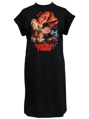 Black women’s The Blood Beast Terror T-shirt dress with colourful vintage horror poster artwork, gothic characters, moth monster and red title lettering