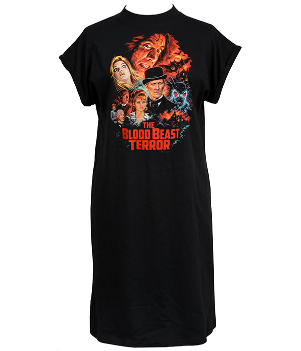 Black women’s The Blood Beast Terror T-shirt dress with colourful vintage horror poster artwork, gothic characters, moth monster and red title lettering