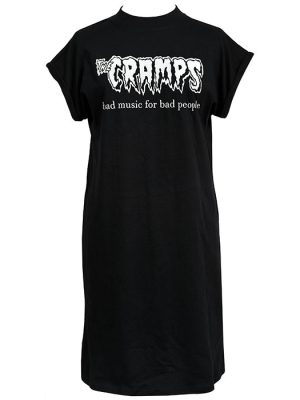 Black oversized women’s t-shirt dress with white "The Cramps – Bad Music for Bad People" print across the chest