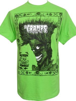Men’s lime green T-shirt with bold black psychobilly artwork, wild quiffed character, The Cramps logo, and “Bad Music for Bad People” skull detail.