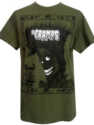 Men’s olive green T-shirt with black psychobilly artwork, wild quiffed character, “The Cramps” logo, and Bad Music for Bad People inspired design.