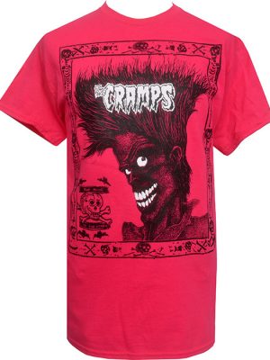 Men’s bright pink T-shirt with black psychobilly artwork, wild quiffed character, “The Cramps” logo, and Bad Music for Bad People inspired design.