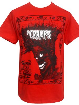 Men’s red T-shirt with bold black psychobilly artwork, wild quiffed character, The Cramps logo, and “Bad Music for Bad People” skull detail.