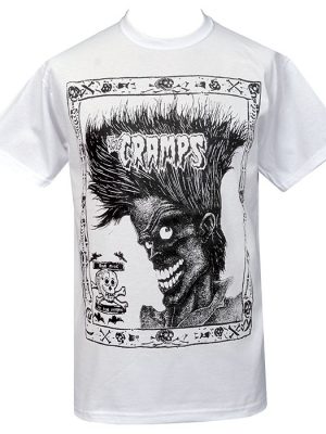 Men’s white T-shirt with bold black psychobilly artwork, wild quiffed character, The Cramps logo, and “Bad Music for Bad People” skull detail.