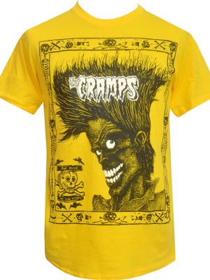 Bright yellow men’s T-shirt featuring a black psychobilly illustration with wild pompadour character and “Cramps” logo, inspired by Bad Music for Bad People artwork.