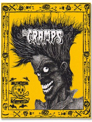The Cramps Bad Music for Bad People sticker with yellow background, wild black-haired character artwork, skull border, and The Cramps logo.
