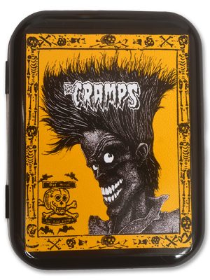 Black metal storage tin featuring The Cramps Bad Music for Bad People artwork in yellow and black with a wild-haired horror-punk figure.