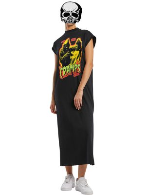 Black long T-shirt maxi dress with cap sleeves and a bold full-colour The Cramps graphic printed across the chest.