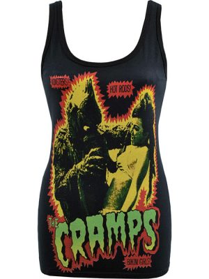 Black women’s tank top with horror comic-style print featuring a monster and bikini girl, with “The Cramps” in bold green-red lettering.