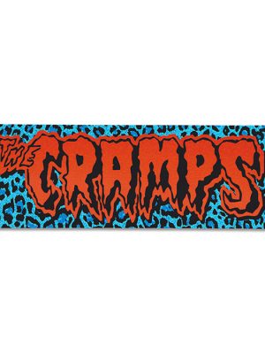 Sticker featuring The Cramps red dripping logo on a bright blue leopard print background.