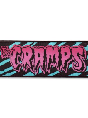 The Cramps sew-on patch with pink slime logo on blue zebra print background.