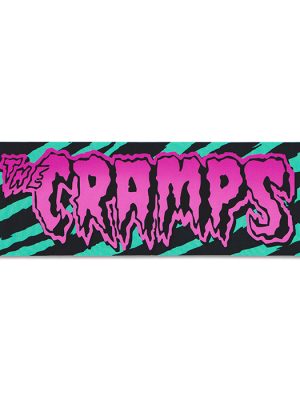 Rectangular sticker with The Cramps logo in dripping pink horror font on a blue zebra print background.