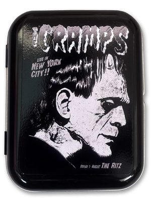 Black tin featuring The Cramps Live in New York City artwork with Frankenstein design and punk typography.