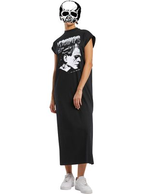 Black long T-shirt maxi dress with cap sleeves and a black-and-white The Cramps Frankenstein graphic printed across the chest.