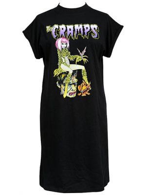 Black women’s t-shirt dress with bright graphic of The Cramps featuring a Gill-girl sitting on Frankenstein’s head and a bat flying above.