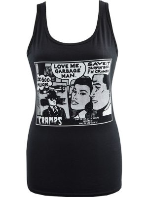 Black women’s tank top with comic-style white graphic featuring The Cramps and lyrics from Goo Goo Muck, Garbage Man, and Surfin’ Bird.