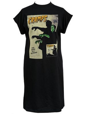 Black women’s t-shirt dress featuring vintage horror-style Cramps artwork with Frankenstein’s monster and the phrase “I ain’t nothin’ but a Gorehound”.
