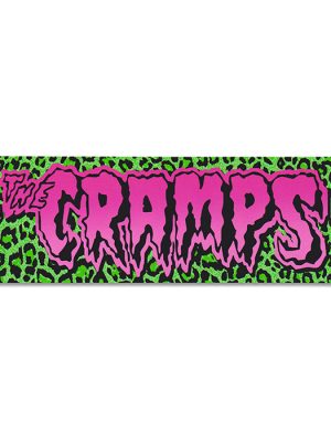 Sticker with The Cramps pink dripping horror logo on a neon green leopard print background.