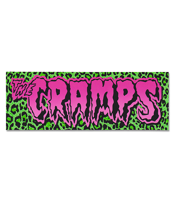 Sticker with The Cramps pink dripping horror logo on a neon green leopard print background.