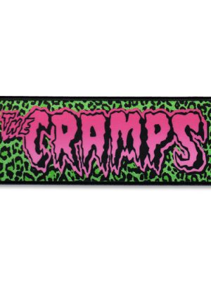 The Cramps sew-on patch with pink logo over green leopard print background.