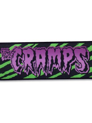 The Cramps sew-on patch featuring purple logo with green zebra print background.