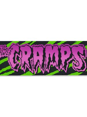 Rectangular punk sticker featuring The Cramps logo in purple over a green and black zebra print background.