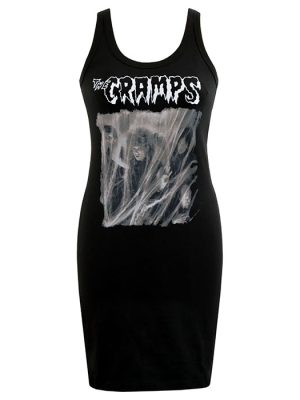 Black tank dress with The Cramps band logo and haunted group image in grey tones, punk psychobilly style.