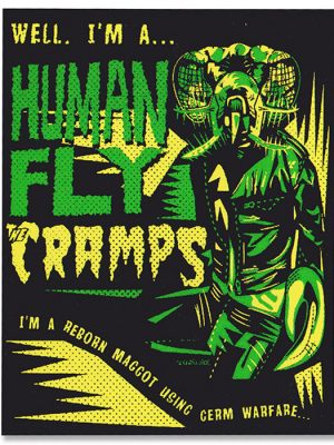The Cramps Human Fly sticker with green monster artwork by Chris Sick, yellow text, and black background.