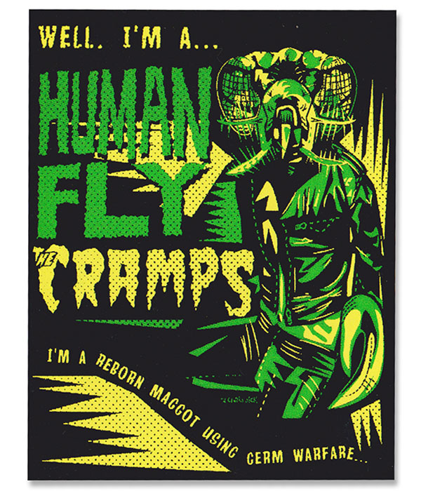 The Cramps Human Fly sticker with green monster artwork by Chris Sick, yellow text, and black background.