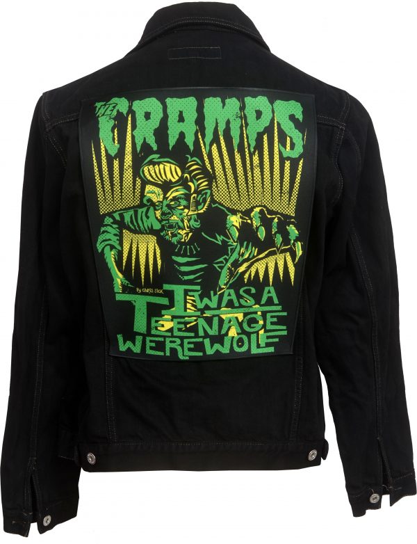 Sew-on back patch with green and yellow psychobilly artwork by Chris Sick for The Cramps “I Was a Teenage Werewolf,” featuring a snarling retro werewolf.