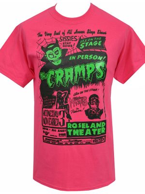 Pink men’s The Cramps t-shirt with black and green Roseland Theater gig-poster style artwork, skull, monster graphics, cobwebs, and bold band logo on the front.