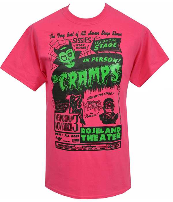 Pink men’s The Cramps t-shirt with black and green Roseland Theater gig-poster style artwork, skull, monster graphics, cobwebs, and bold band logo on the front.