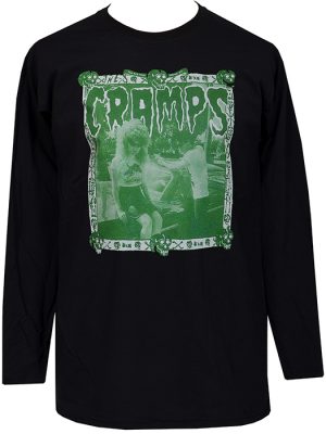 Men’s black long sleeve Cramps psychobilly punk t-shirt featuring a green horror-style graphic with a vintage, lo-fi print.