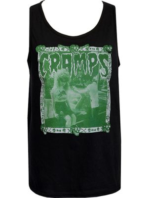 Men’s black The Cramps psychobilly punk tank top featuring a green horror-style graphic with a vintage, lo-fi print.