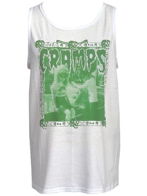 Men’s white The Cramps psychobilly punk tank top featuring a green horror-style graphic with a high-contrast, vintage print.