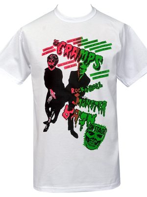 White men’s T-shirt featuring day-glo pink and green The Cramps Monster Bash artwork with punk and psychobilly horror graphics.