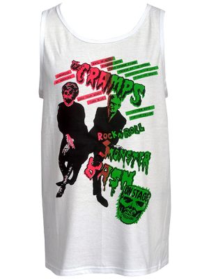 Men’s white tank top with bright pink and green The Cramps Monster Bash psychobilly punk artwork.
