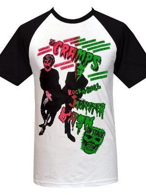 Black-sleeved raglan T-shirt with pink and green The Cramps Monster Bash psychobilly graphic on white body.