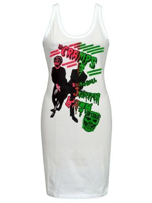 Women’s white sleeveless bodycon dress with bright pink and green The Cramps Monster Bash psychobilly punk graphic.
