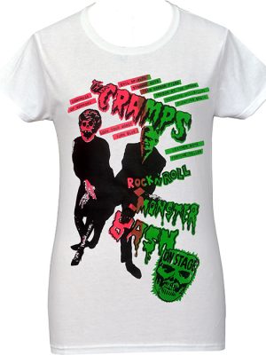 Women’s fitted white T-shirt with bright pink and green The Cramps Monster Bash psychobilly punk graphic.
