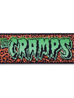 The Cramps sew-on patch with green logo on orange leopard print background.