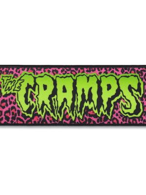 The Cramps sew-on patch with neon green logo over a pink leopard print background.
