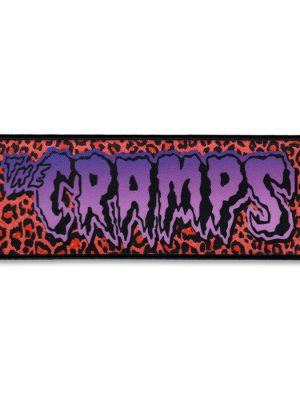 The Cramps sew-on patch with purple logo over red leopard print background.