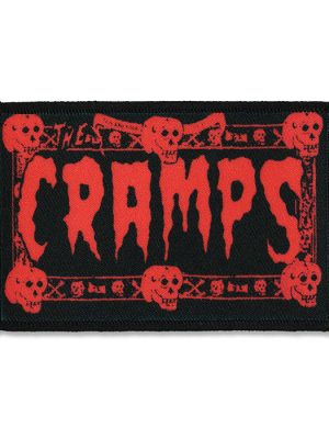 Rectangular black sew on patch featuring red The Cramps logo with skull border design in psychobilly punk style.