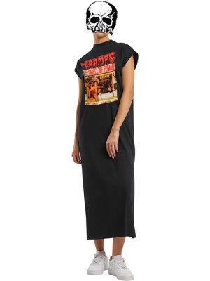Black long T-shirt maxi dress with cap sleeves and a full-colour The Cramps Smell of Female graphic printed across the chest.