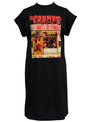 Black oversized women’s t-shirt dress with full-colour "Smell of Female" album artwork featuring burlesque imagery and Pepermint Lounge print